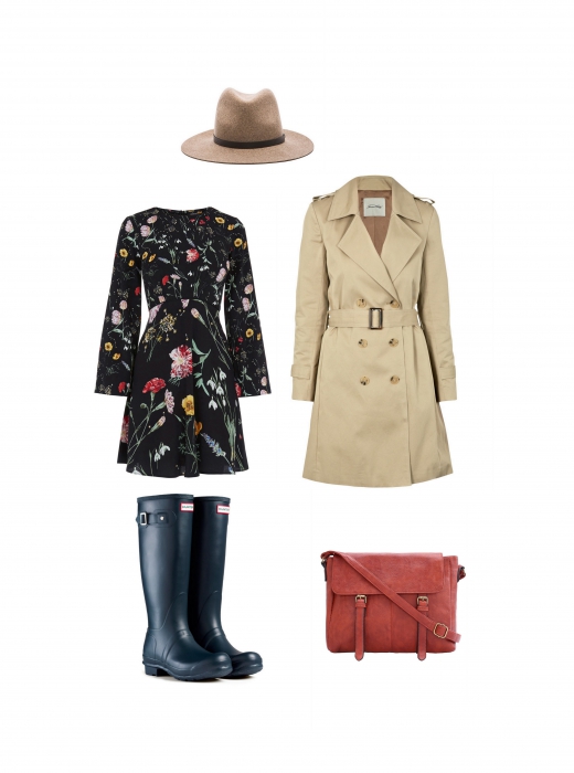 Тренч American Vintage, платье Warehouse, сапоги Hunter, сумка SheIn, шляпа Rag & Bone