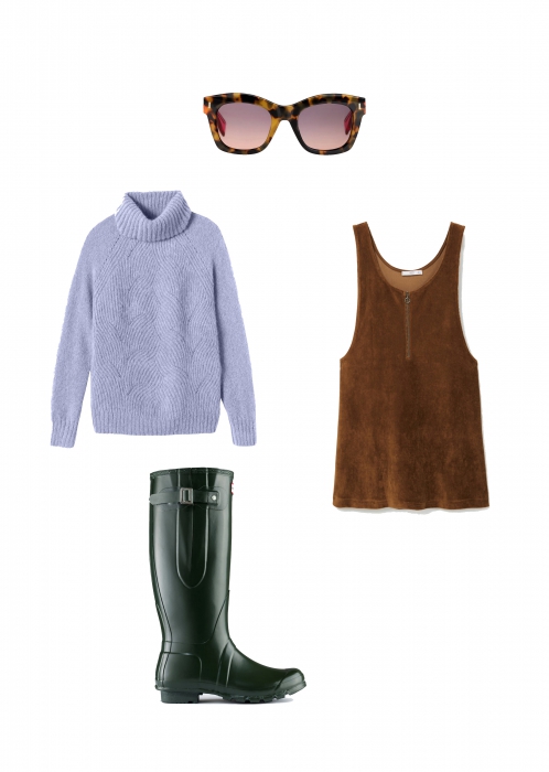 Свитер Rebecca Taylor, сарафан Mango, сапоги Hunter, очки Fendi