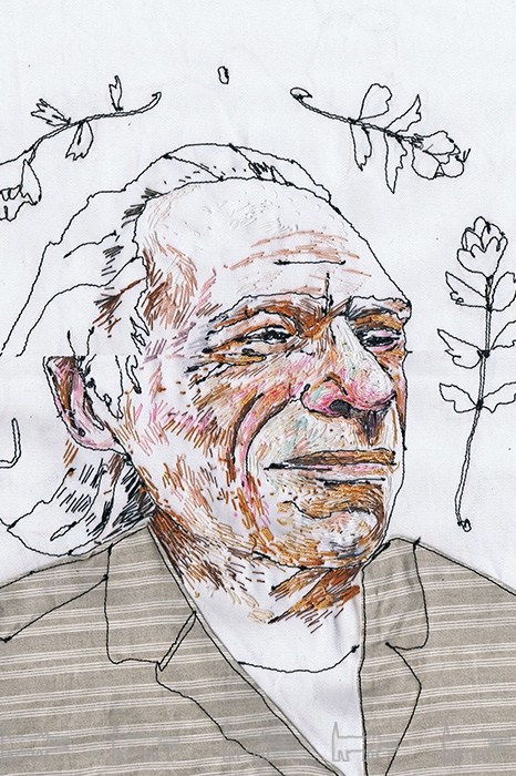 Портрет Чарльза Буковски на самом деле является наволочкой, но делать такие изделия художнику теперь жалко — ткань быстро изнашивается