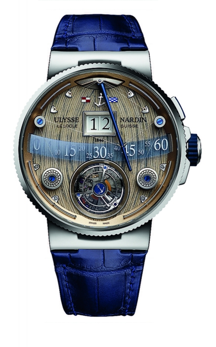Ретроградный минутный указатель Ulysse Nardin Grand Deck Marine Tourbillon сделан в форме лонжерона, детали мачты. Эта инженерная система на прочнои