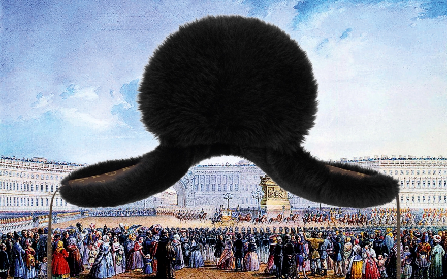 В. С. Садовников. Вид Дворцовой площади и Зимнего дворца, 1847 год. Ушанка из овчины из осенней коллекции Louis Vuitton