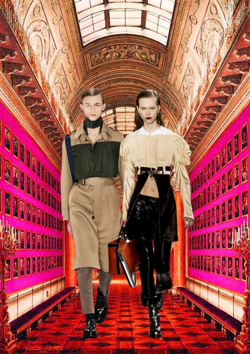 Коллаж: Военная галерея 1812 года в Зимнем Дворце и луки из коллекции Louis Vuitton осень-зима 2016