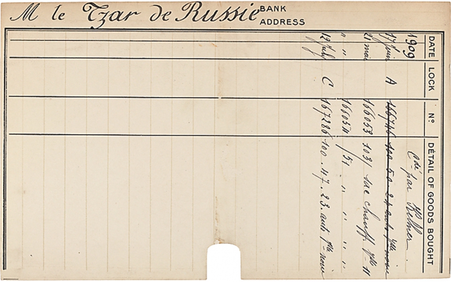 Клиентская карта императора Николая II с заказами 1909 года