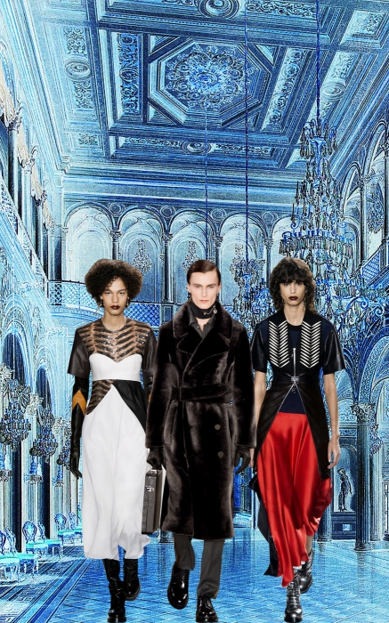 Коллаж: Павильонный зал Эрмитажа и луки из коллекции Louis Vuitton осень-зима 2016