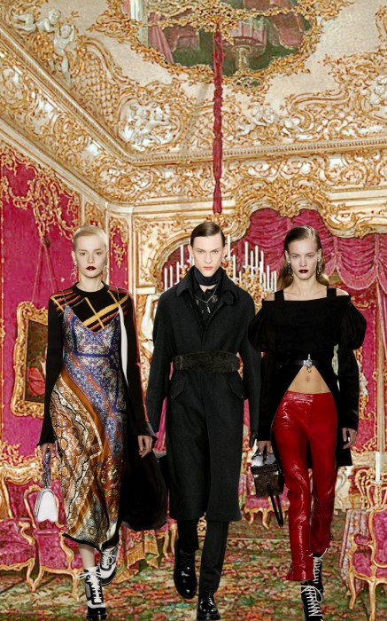 Коллаж: Малиновый будуар императрицы Марии Александровны и луки из коллекции Louis Vuitton осень-зима 2016