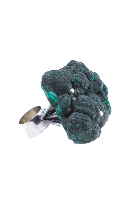 Кольцо «Брокколи». Необработанный екатеринбургский малахит, мельхиор, сталь, олово