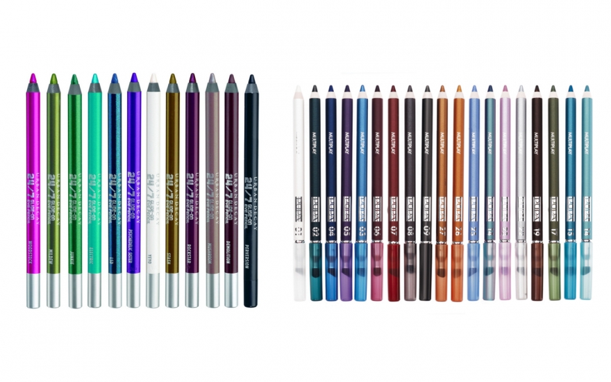 Карандаши для глаз Urban Decay 24/7 Glide-On Eye Pencil (1 250 руб.) VS. карандаши Multiplay Eye Pencil Pupa, 450 руб.