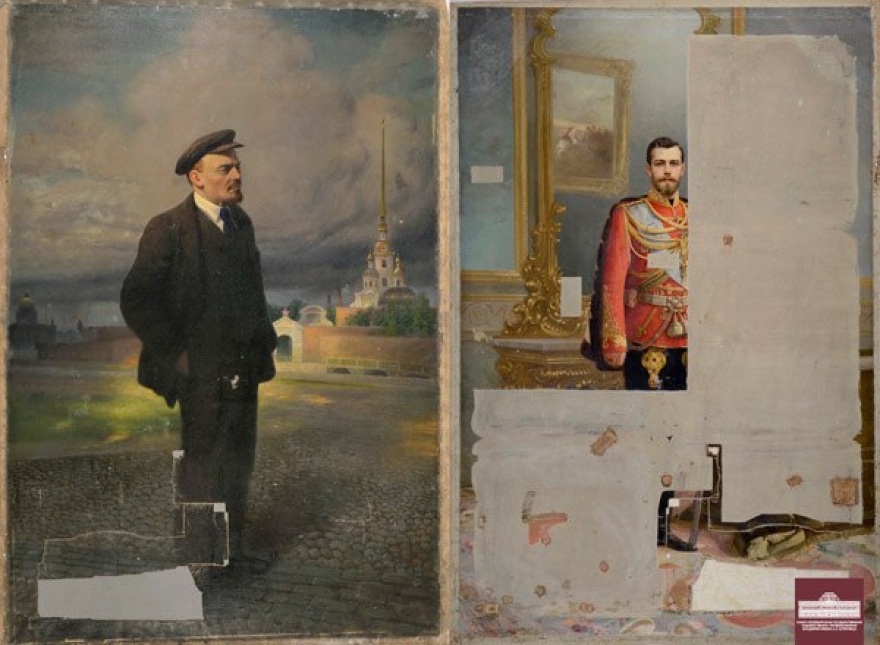 «Двойная» картина с портретом Николая II и Владимира Ленина почти век провисела в актовом зале петербургской школы № 206