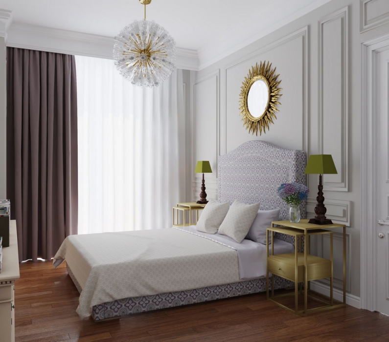 Спальня для молодой семейной пары в современном классическом стиле, который сочетает в себе одновременно строгость и легкость. Этот стиль можно