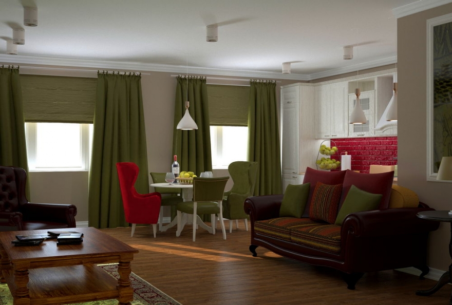 Гостиная в теплых мягких цветах, с помощью которых достигается ощущение гармонии и спокойствия. А оживляют интерьер яркие цветовые акценты.