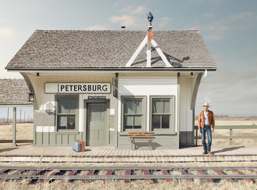 Train, серия In Pieces (ж\д пути сделаны из Lego, ковбой – один из художников-разработчиков компании Lego)