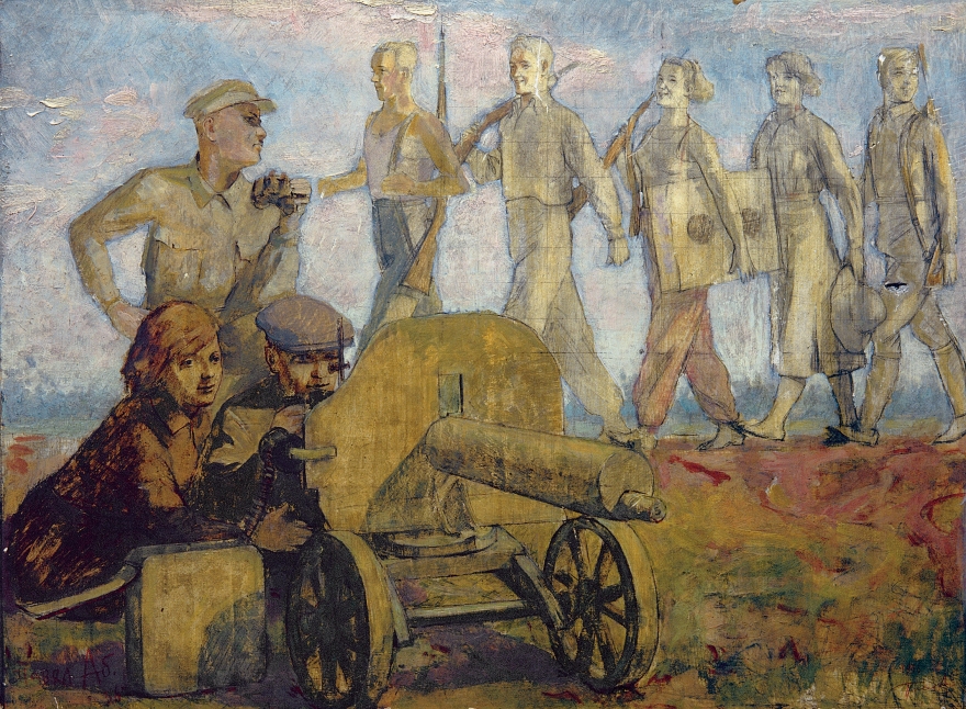 Павел Аб (1902–1974) Стрелки. Осоавиахим. 1936 Фанера, левкас, смешанная техника Из собрания Музея искусства Санкт-Петербурга XX-XXI веков