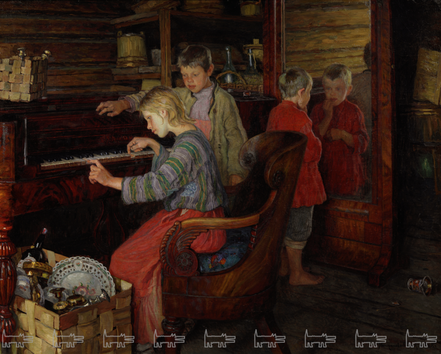 Н. Богданов-Бельский, "Дети за пианино" 1918 г.