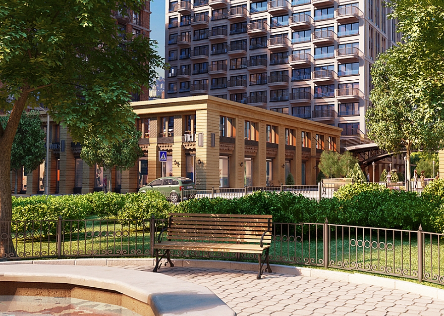 На первых этажах комплекса расположена торговая галерея с магазинами, кафе, аптеками и отделениями банков, а прямо из двора комплекса есть выход в