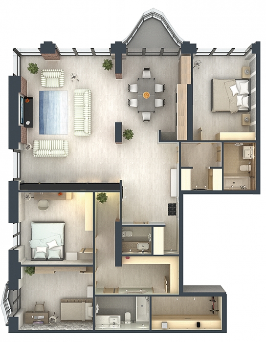 Четырехкомнатная квартира на 10 этаже секции 1Б, площадью 189,40 кв.м. Из окон квартиры открывается вид на парк Якутова и Солдатское озеро. В квартире