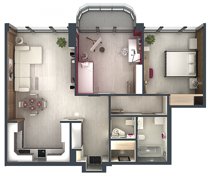 Двухкомнатная квартира на 3 этаже секции 1А площадью 88,36 кв. м. Из окон открывается вид на парк Якутова и Солдатское озеро, в квартире есть