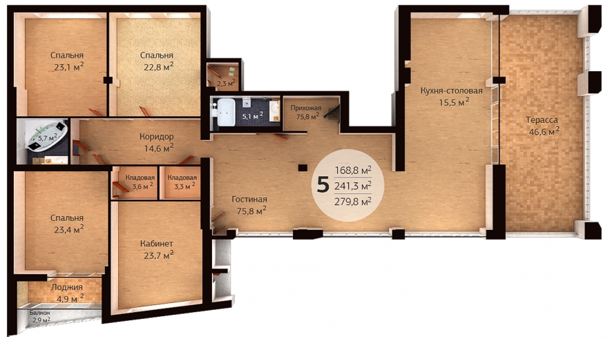 Единственная квартира на этаже с двумя ванными комнатами, двумя кладовыми, тремя спальнями, кабинетом, гостиной, кухней-столовой и террасой.Квадратура