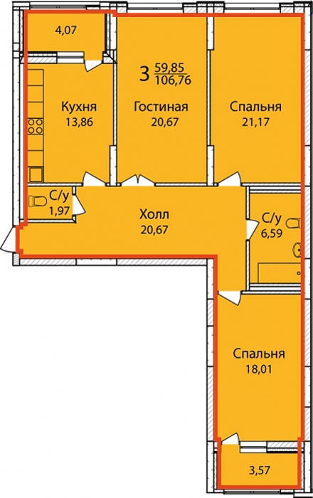В шаговой доступности от дома − 6 школ, 10 детских садов, поликлиники, магазины и фитнес-клубы.Общая площадь: 106, 76 кв.м.