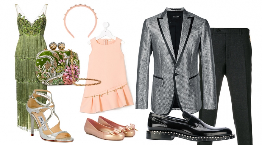 Для нее: платье с вышивкой и кисточками Marchesa Notte, 86 111 руб.; расшитый кристаллами клатч Alexander McQueen, 162 254 руб.; босоножки Jimmy Choo