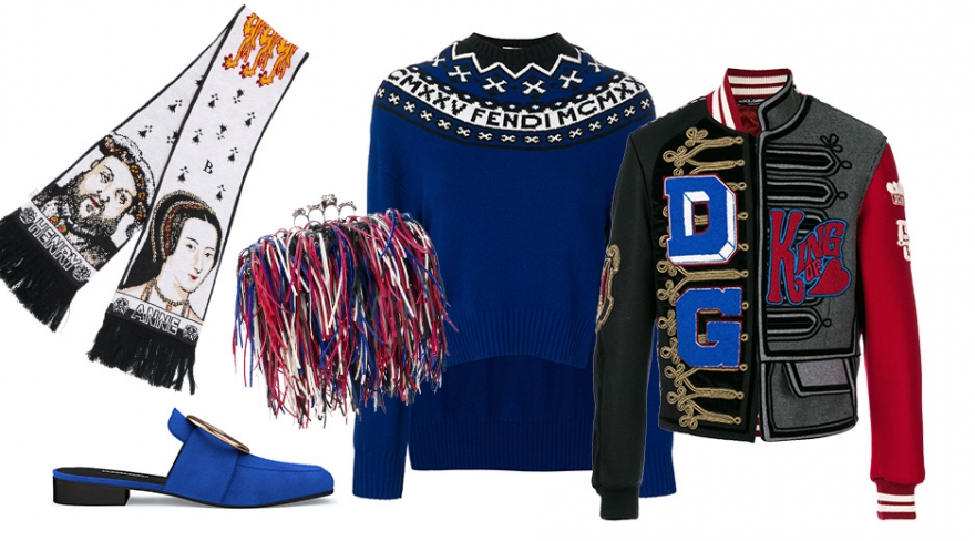 Y / Project, шарф с принтом, 20 160 руб.; клатч с бахромой Alexander Mcqueen, 162 254 руб.; мюли Dorateymur, 28 100 руб.; свитер Fendi, асимметричная