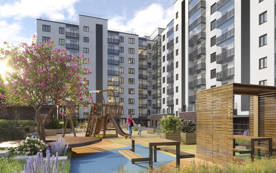 Инфраструктура дома будет включать закрытый двор с детской площадкой и игровой комнатой, подземный паркинг, экодизайн пространств.