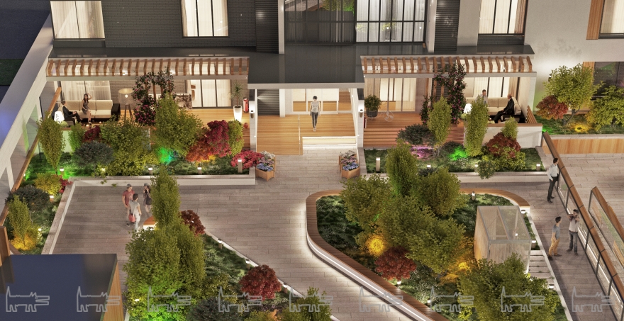 Особое внимание уделено озеленению территории, проект ландшафтного дизайна включает в себя организацию газонов, высадку кустарников, формирование