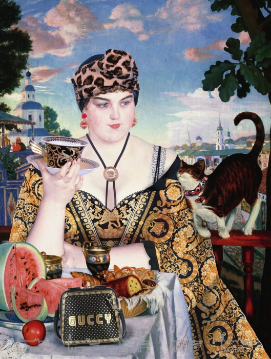 Борис Кустодиев. «Купчиха за чаем», 1918 год. На купчихе: тюрбан и сумка Gucci, серьги Dolce & Gabbana, подвеска, бра и платье Versace. На коте: чокер