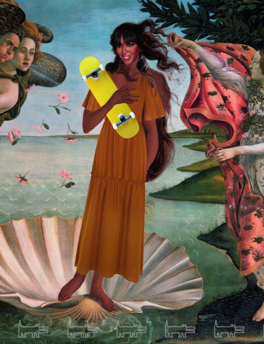 Сандро Боттичелли. «Рождение Венеры», 1482-1486 годы. В Роли Венеры — Наоми Кэмпбелл в вещах из своей коллекции с Tom Tailor