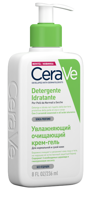 CeraVe Увлажняющий очищающий крем-гель для нормальной и сухой кожи лица и тела Крем-гель эффективно очищает и увлажняет кожу, не нарушая ее защитный