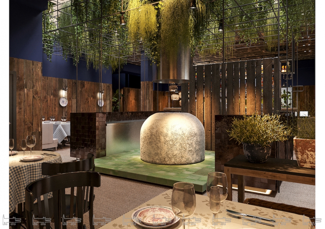 Глиняная печь тонэ установлена прямо в зале