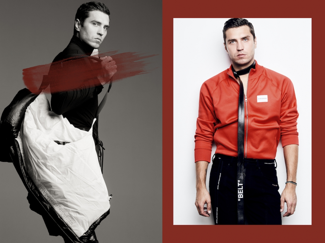 Слева: пуховик Juun J, бадлон Dries Van Noten. Справа: спортивный кардиган на молнии Calvin Klein, брюки и ремень Off-White (все — ДЛТ)