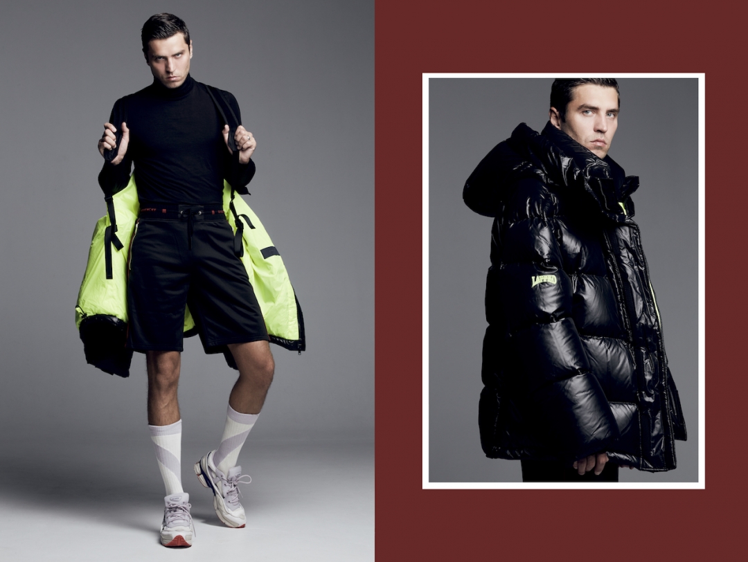 Пуховик Juun J, бадлон Dries Van Noten, шорты Givenchy, кроссовки и носки Adidas by Raf Simons (все — ДЛТ)