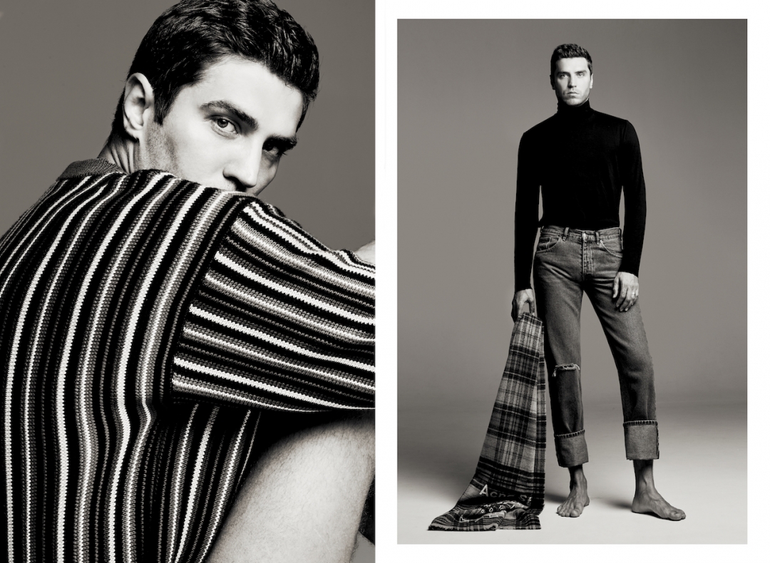 Слева: свитер Balenciaga. Справа: бадлон Dries Van Noten, шарф Acne, джинсы Balenciaga