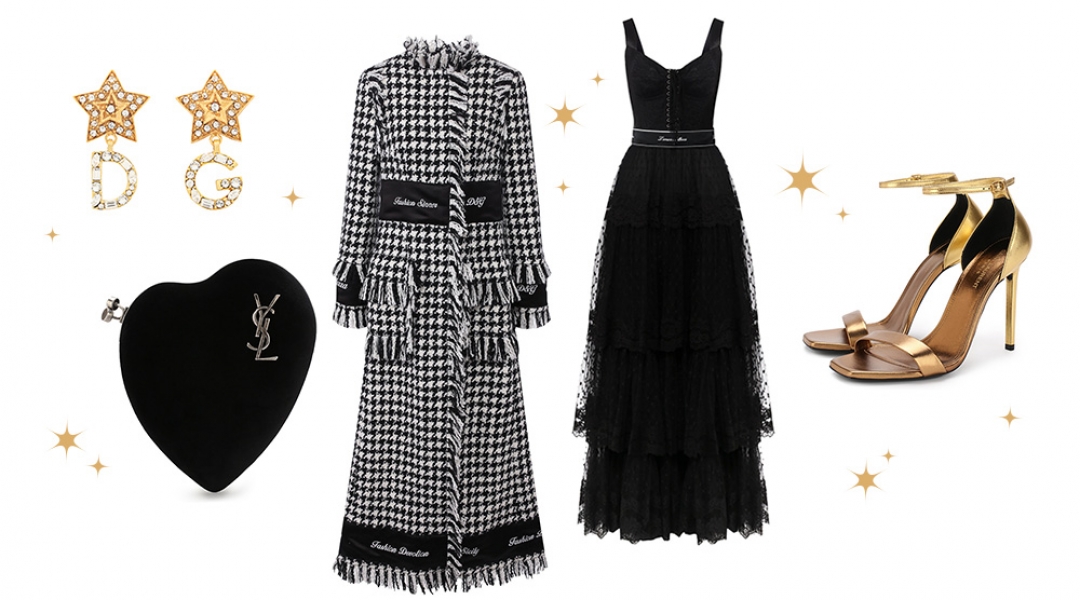 Для неё: Пальто Dolce & Gabbana, 234 000 рублей;Платье Dolce & Gabbana, 463 500 рублей;Босоножки Saint Laurent, 44 700 рублей;Серьги Dolce & Gabbana