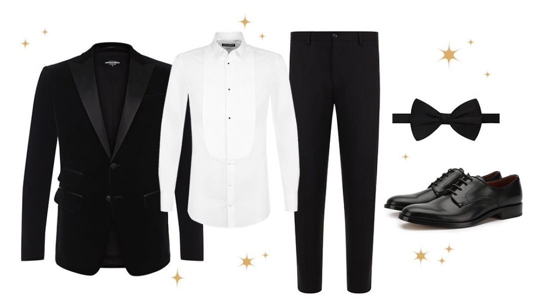 Для него:Сорочка для смокинга Dolce & Gabbana, 42 000 рублей;Пиджак Dsquared2, 110 500 рублей;Дерби Givenchy, 49 950 рублей;Брюки Dolce & Gabbana, 29