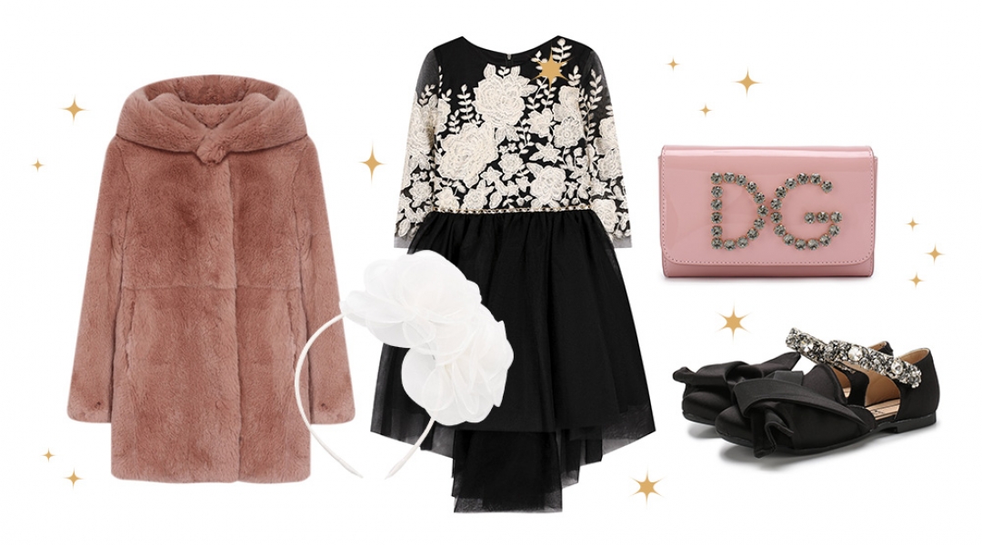 Для девочки:Шуба Yves Salomon Enfant, 85 900 рублей;Ободок David Charles, 4 595 рублей;Платье David Charles, 33 750 рублей;Сумка Dolce & Gabbana, 35