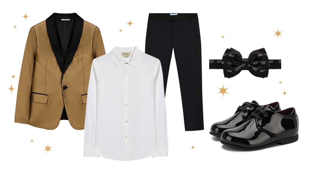 Для мальчика: Галстук-бабочка Dolce & Gabbana, 8 795 рублей;Рубашка Gucci, 16 900 рублей;Пиджак Dolce & Gabbana, 45 500 рублей;Дерби Dolce & Gabbana
