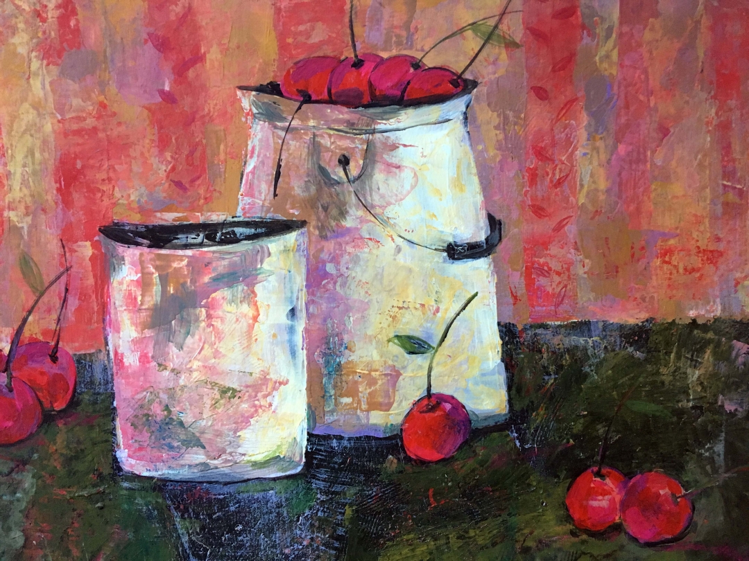 Натюрморт «Бидончик с вишнями», холст, акрил, 30х21