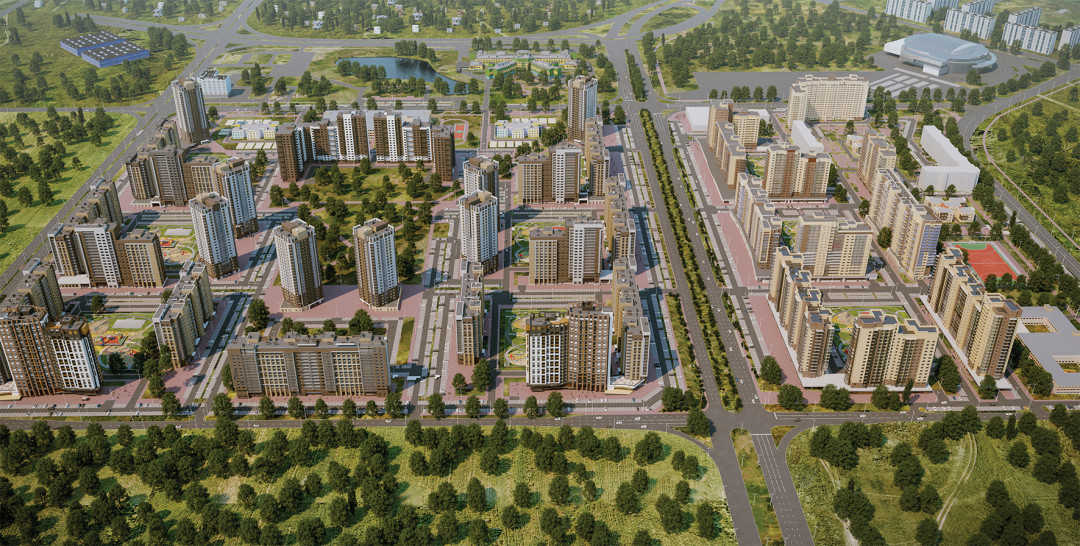 Каждый дом ЖК «Ньютон» имеет свой индивидуальный внешний вид, но весь жилой комплекс выполнен в общей стилистике.