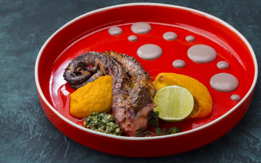 Осьминог на гриле с кремом из корнеплодов и соусом ахи панка