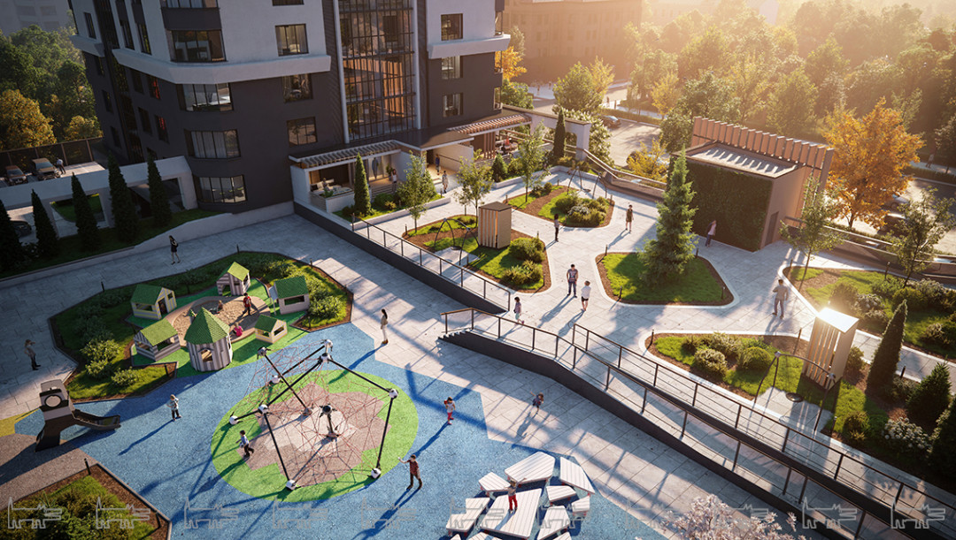 Территория двора представляет собой сад с зонированным пространством для пешеходных дорожек, спортивных площадок и зон для спокойного отдыха. Детская