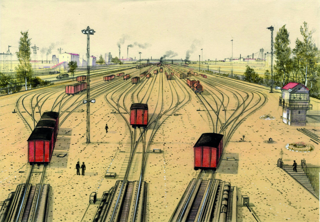 Из книги М. Ефетова «Поезд идет» (полосная иллюстрация) Бумага, гуашь, тушь, акварель, белила, 1950-1951 гг. Из частного собрания.