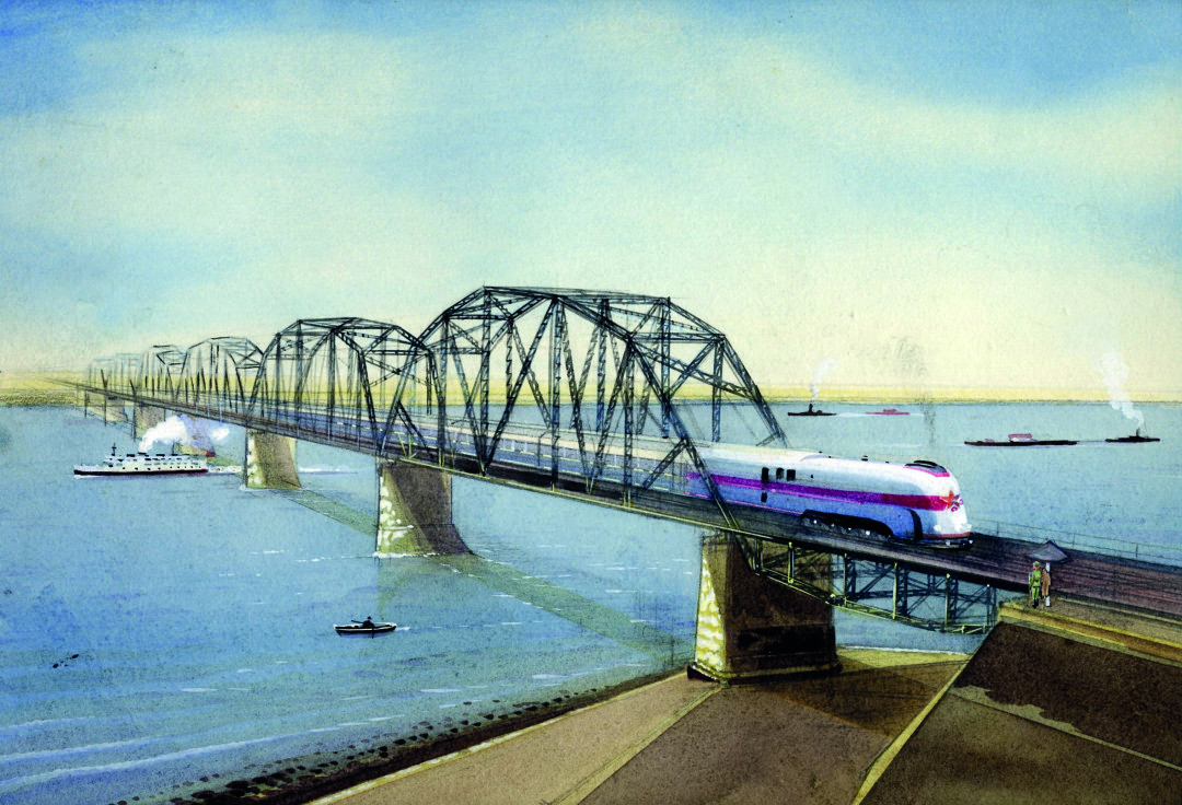 Из книги М. Ефетова «Поезд идет» (полосная иллюстрация) Бумага, гуашь, тушь, акварель, белила, 1950-1951 гг. Из частного собрания.