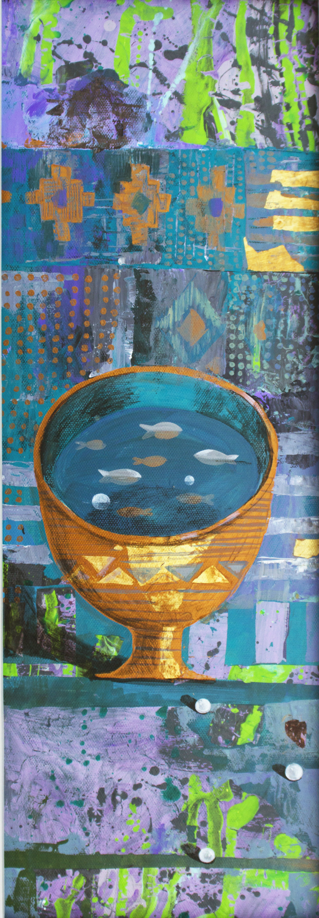 Лиана Нигаметзянова, «Чаша с рыбками», серия «Собирательницы жемчуга». Картон, акрил. 27х81 см. 2018