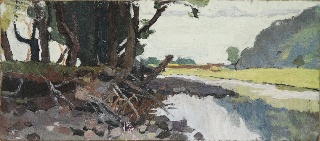 Лидия Кириллова, «Берег, корни». Картон, масло. 18х40 см.