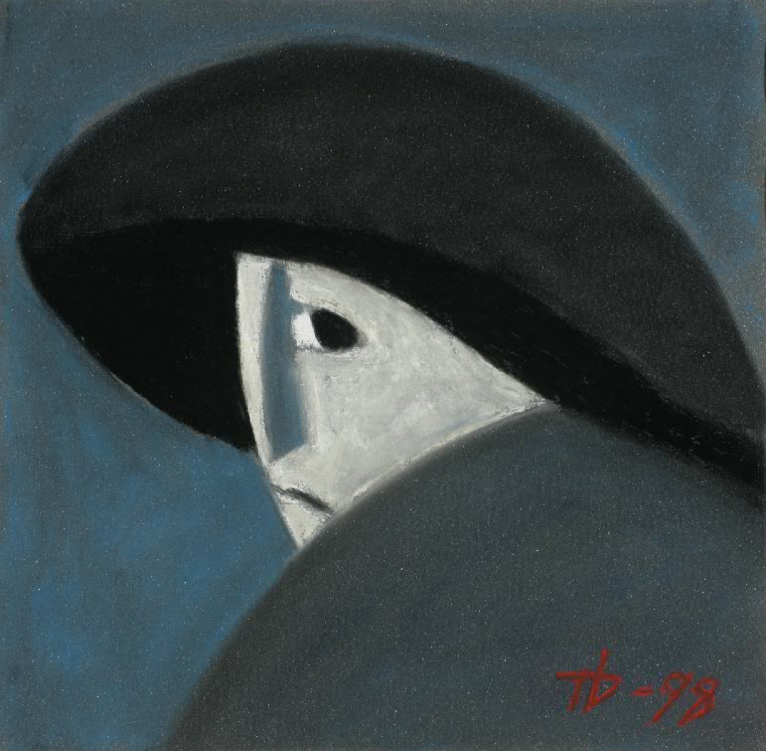 Петр Дик. Мужчина в черной шляпе. 1998. Бумага наждачная, пастель, уголь. 36,5х38