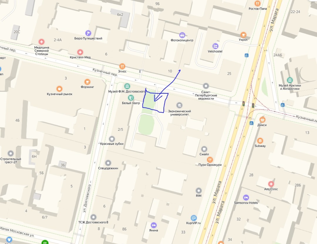 Скриншот сообщества «Центральный район за комфортную среду обитания». Обведена территория, на которой планируется построить здание