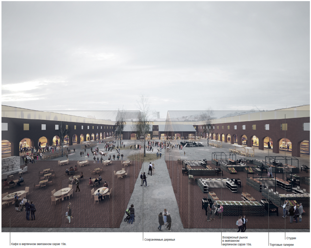 По периметру первого этажа здания Конюшенного двора раскрываются заложенные исторические арочные проемы и устраиваются проходные галереи. Раскрываются