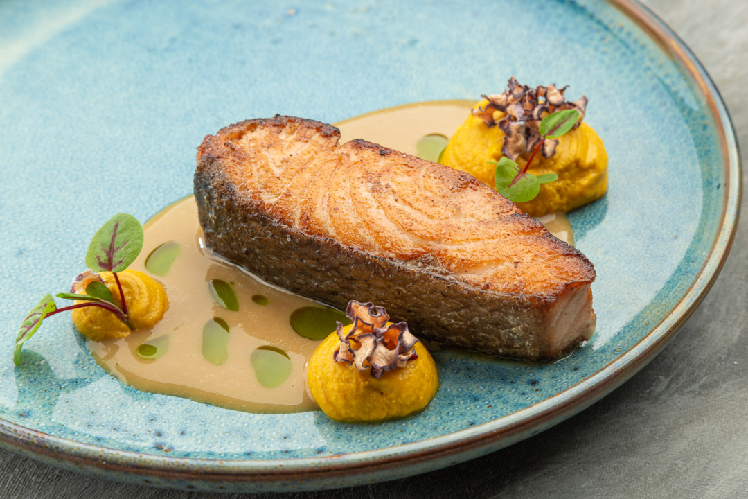 Лосось с пудингом из моркови и луковым соусом