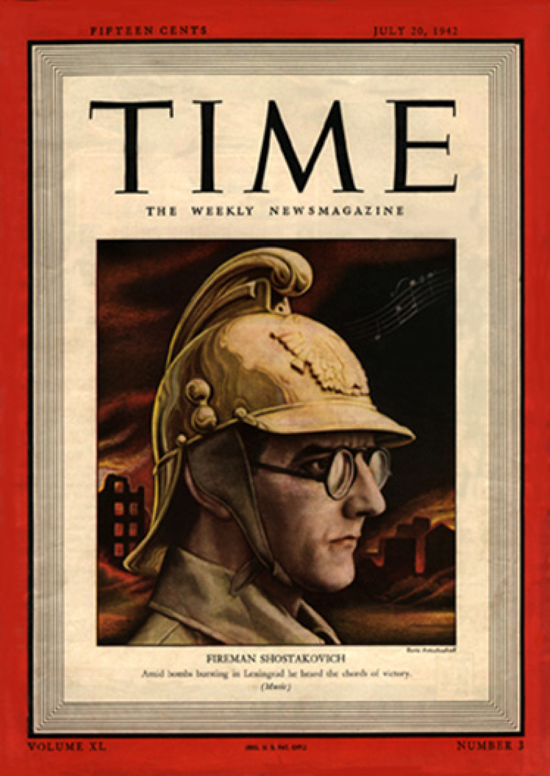 Дмитрий Шостакович в каске пожарного на обложке журнала Time за 1942 год.